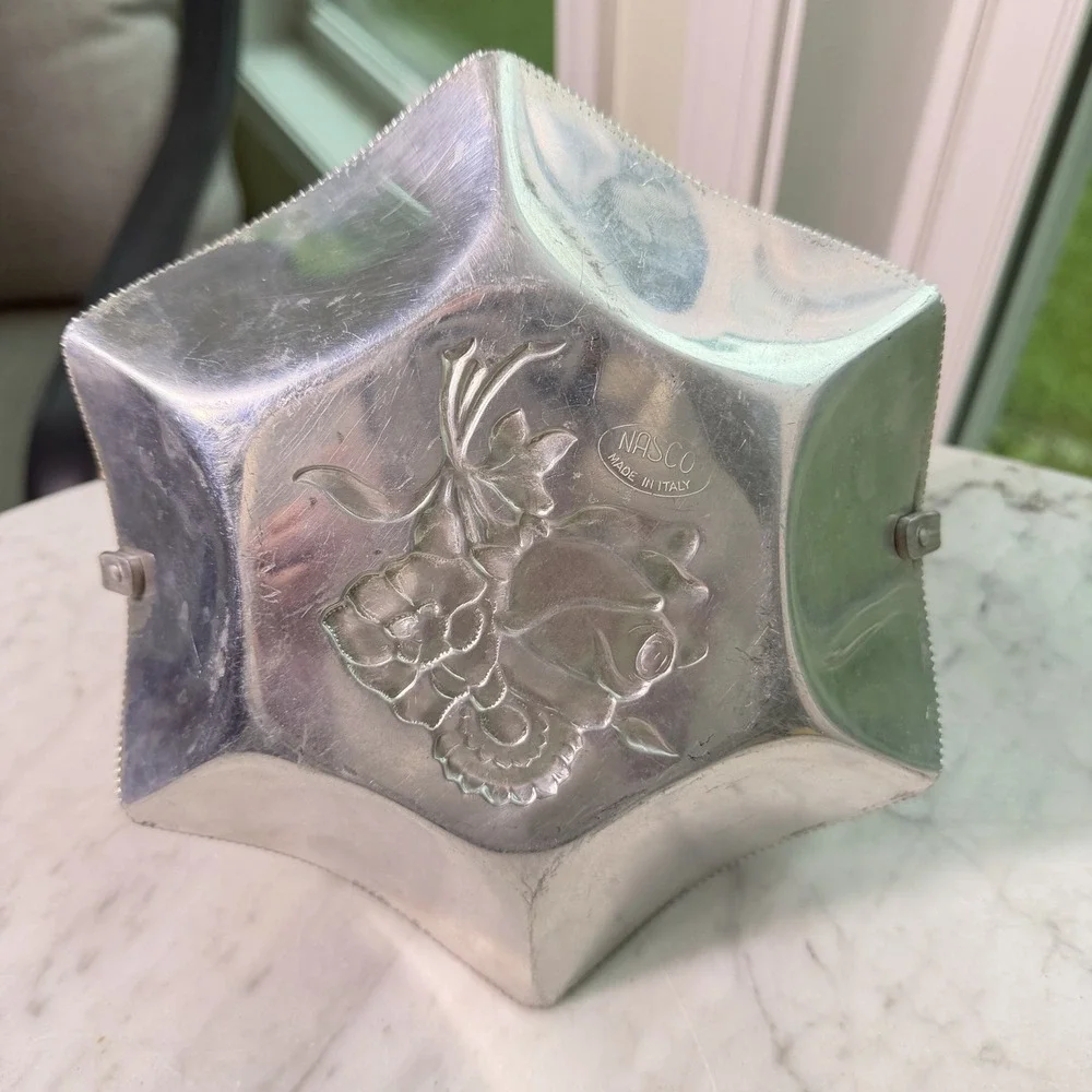 VTG 50s NASCO Italy Hammered Aluminum Basket Rose Motif Mid Century‎ Modern MCM